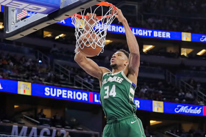 December 5, 2022; Milwaukee Bucks superstar Giannis Antetokounmpo dunks the ball against the Orlando Magic at Amway Center